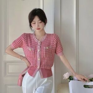 Pink Gingham Cardigan Sweater with Puff Sleeves